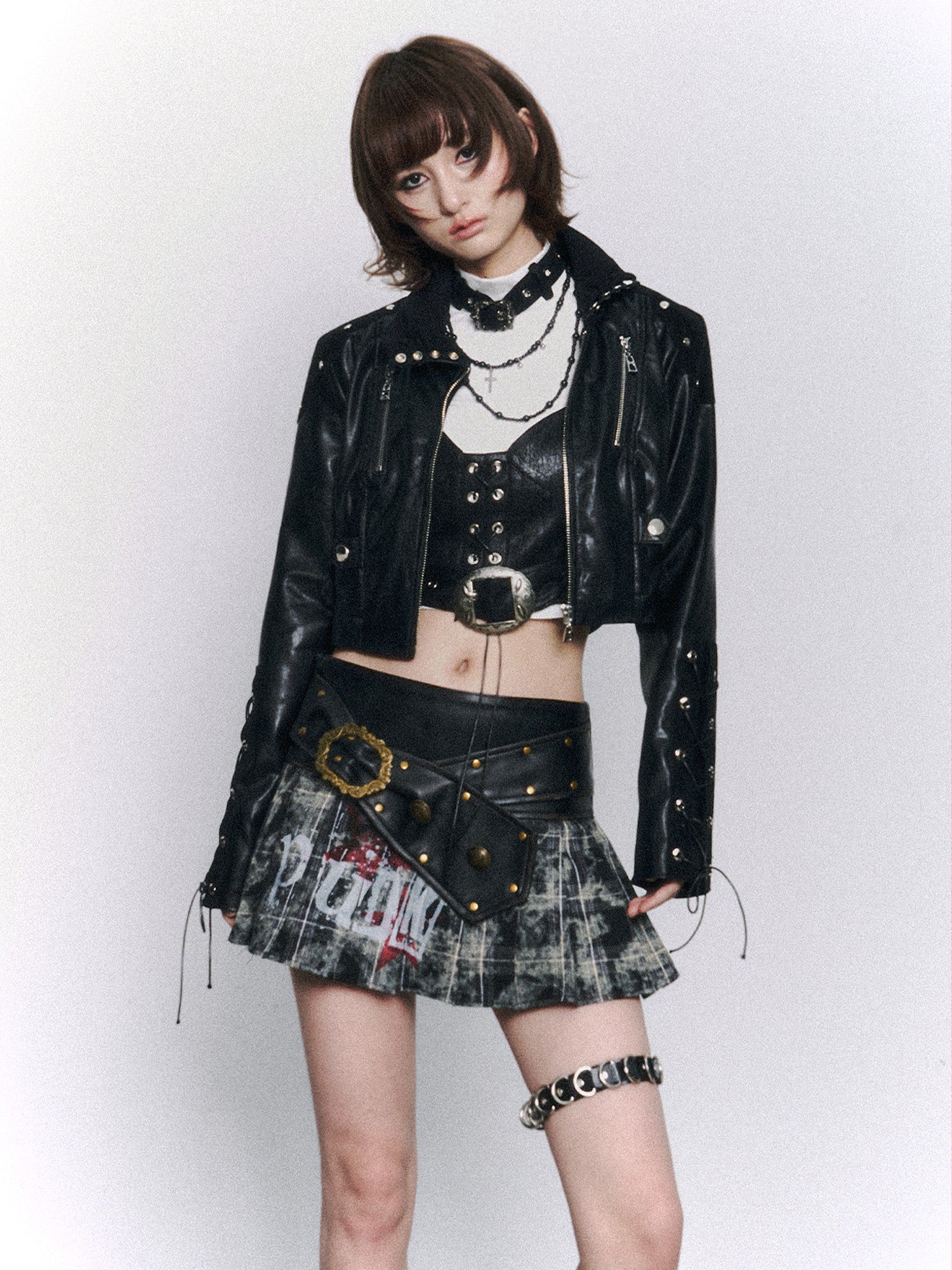 Frustration Garden Punk Cowl Neck Tie Patchwork Slim Short Shiny Women&