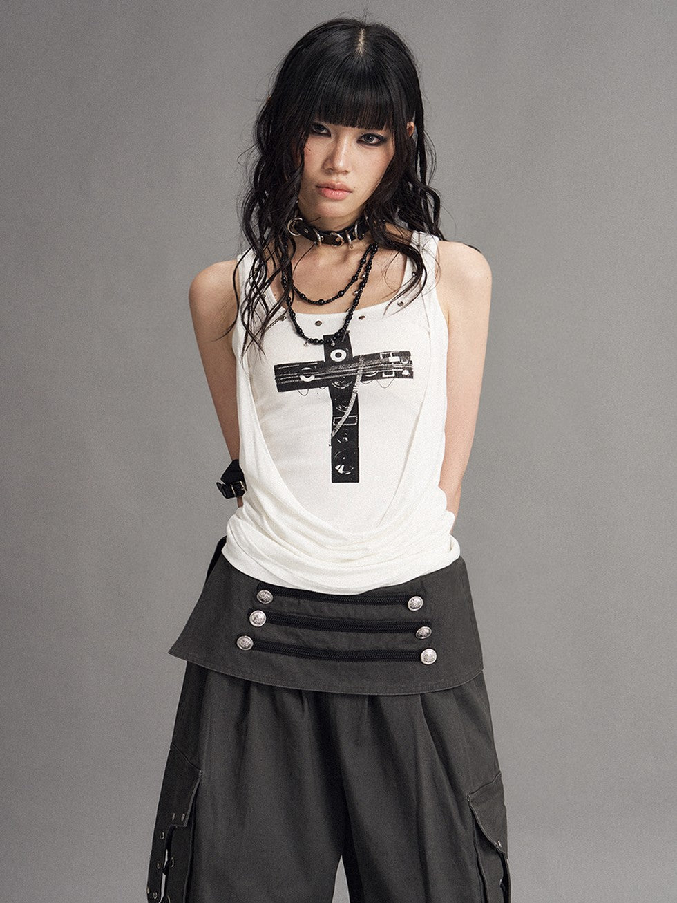 Frustration Garden Punk Cross Print Faux Layered Racerback Slim Women&