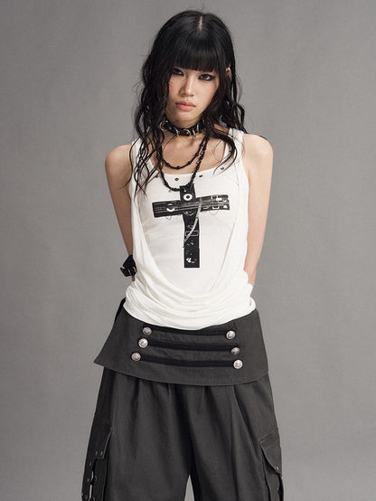 Frustration Garden Punk Cross Print Faux Layered Racerback Slim Women&