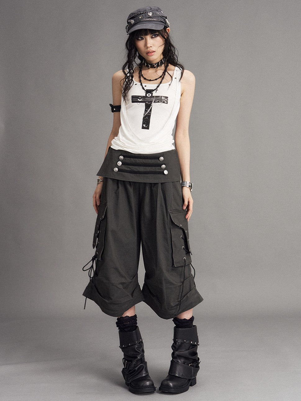 Frustration Garden Punk Cross Print Faux Layered Racerback Slim Women&