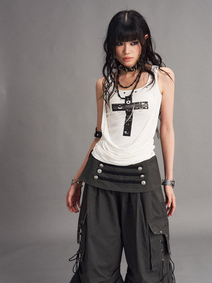 Frustration Garden Punk Cross Print Faux Layered Racerback Slim Women&