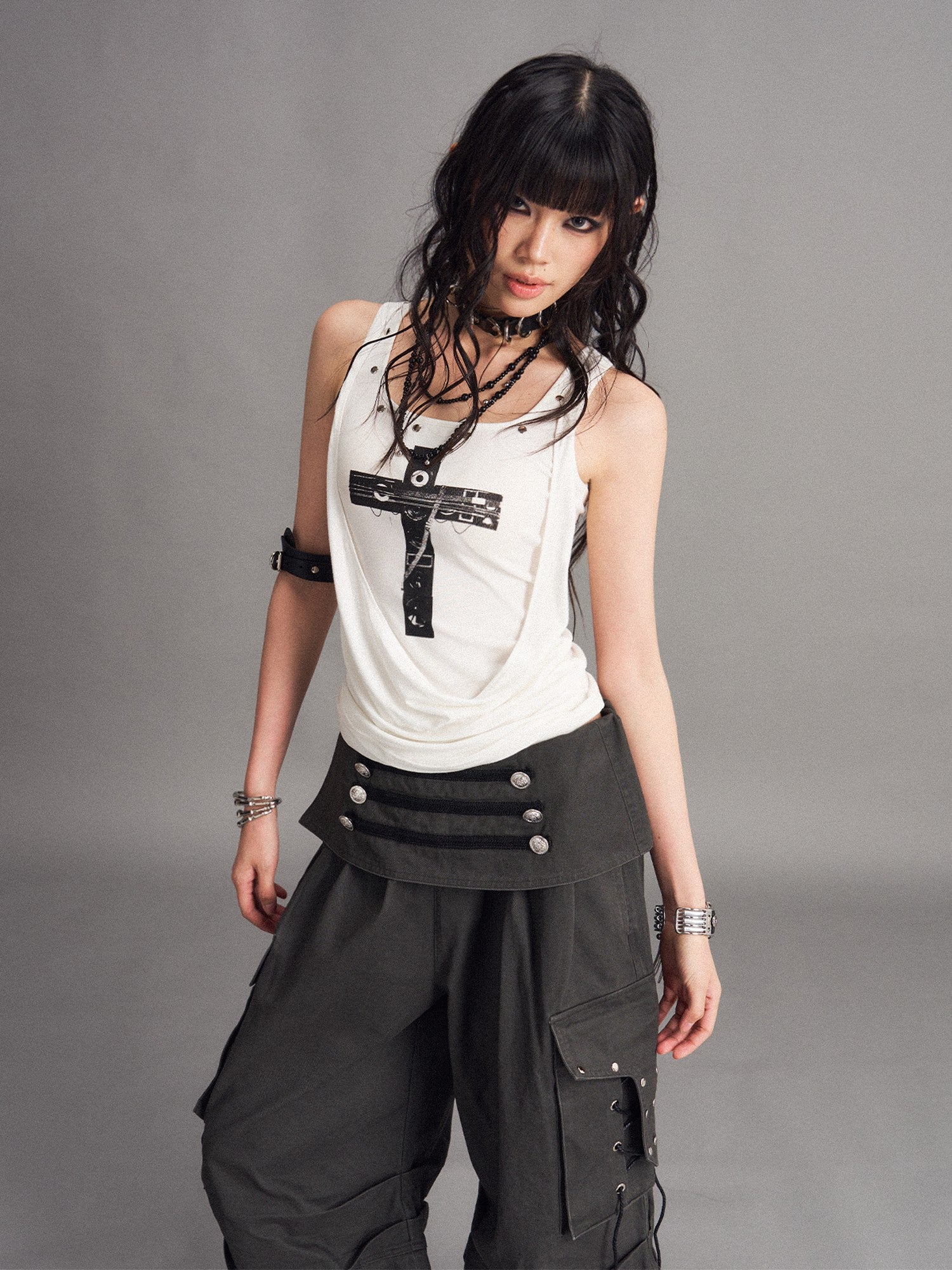 Frustration Garden Punk Cross Print Faux Layered Racerback Slim Women&