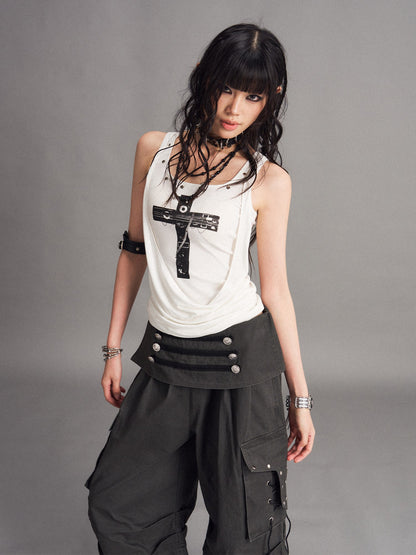 Frustration Garden Punk Cross Print Faux Layered Racerback Slim Women&