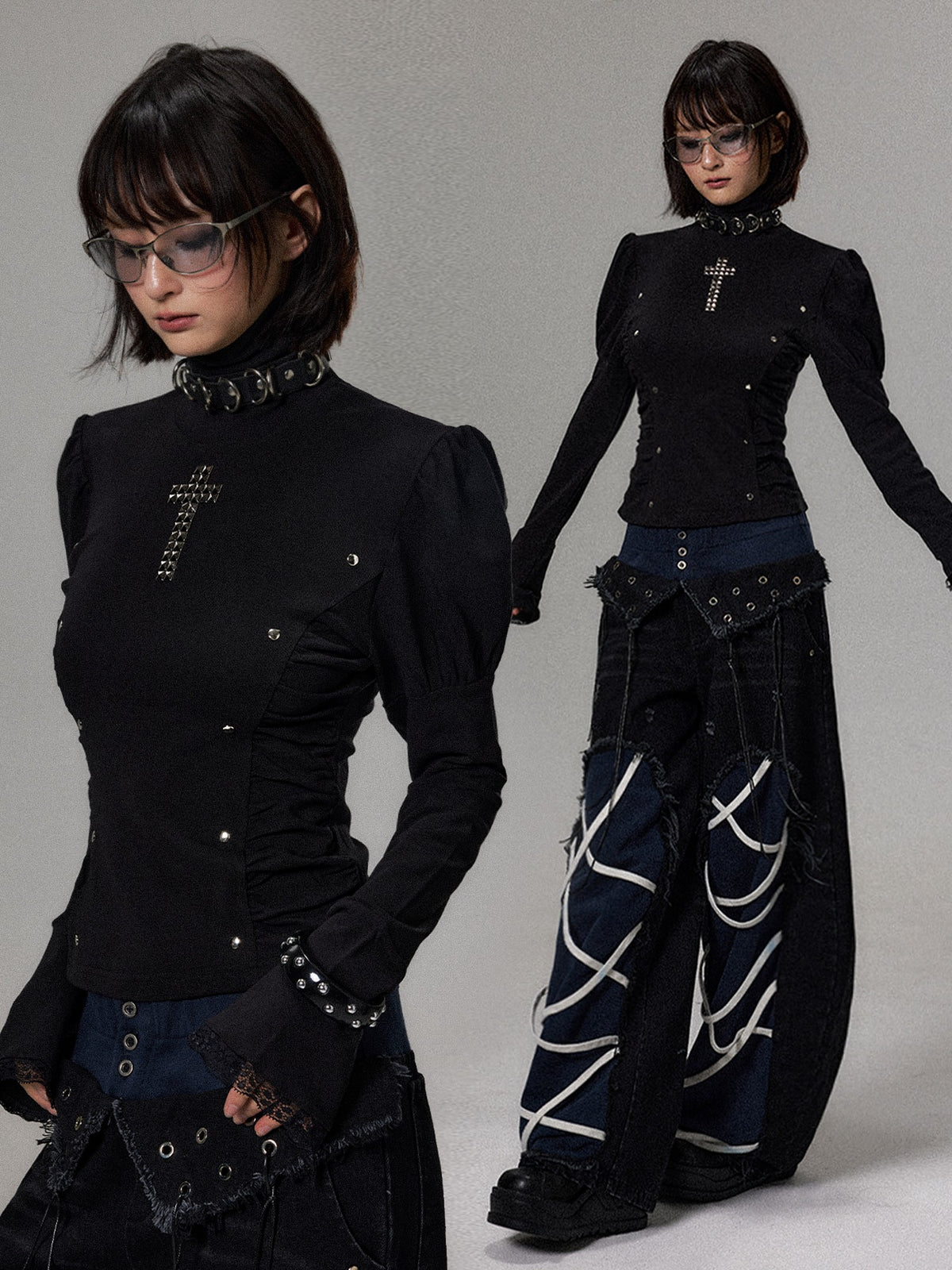 Frustration Garden Punk Dark Cross Studded Puff Sleeve High Neck Slim Fit Knit Women&
