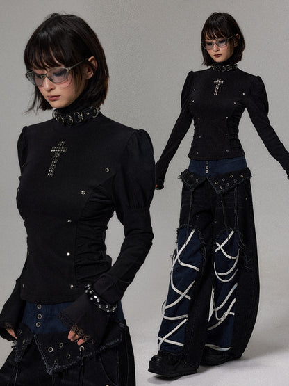 Frustration Garden Punk Dark Cross Studded Puff Sleeve High Neck Slim Fit Knit Women&