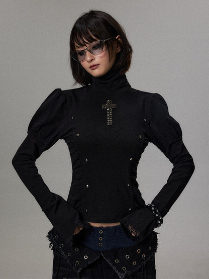 Frustration Garden Punk Dark Cross Studded Puff Sleeve High Neck Slim Fit Knit Women&