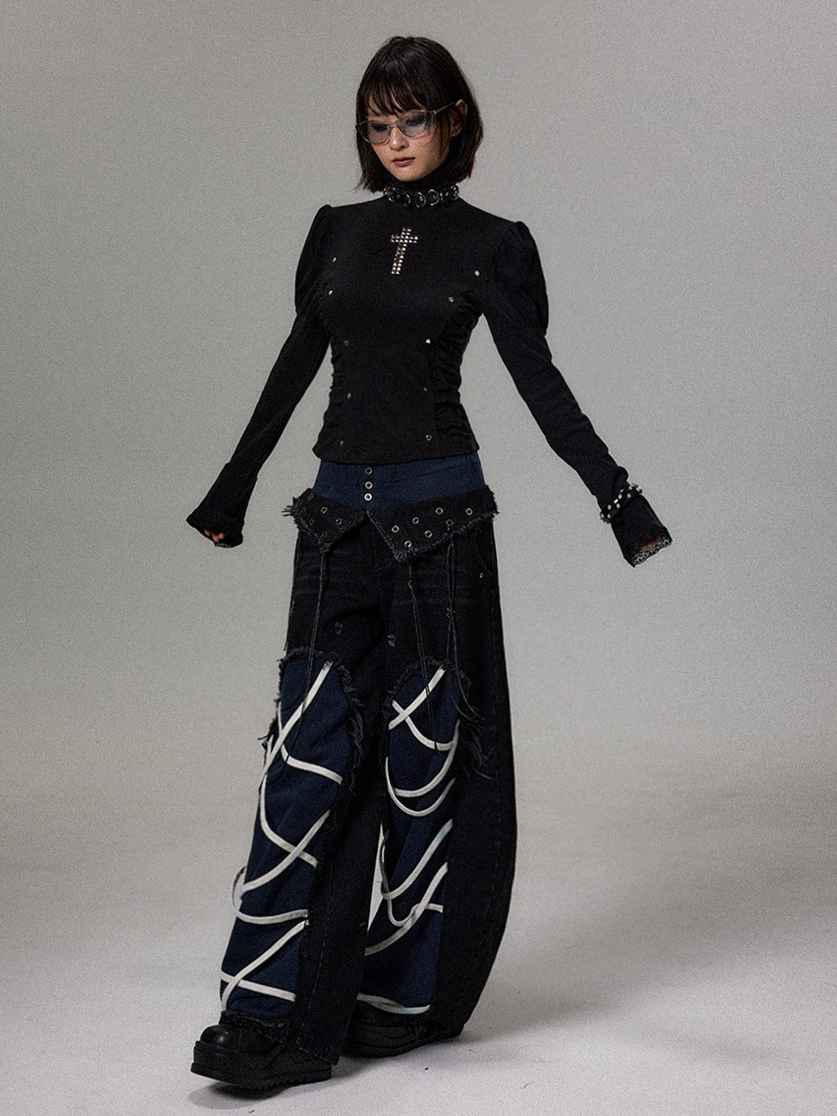 Frustration Garden Punk Dark Cross Studded Puff Sleeve High Neck Slim Fit Knit Women&