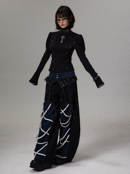 Frustration Garden Punk Dark Cross Studded Puff Sleeve High Neck Slim Fit Knit Women&