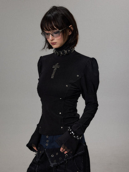 Frustration Garden Punk Dark Cross Studded Puff Sleeve High Neck Slim Fit Knit Women&