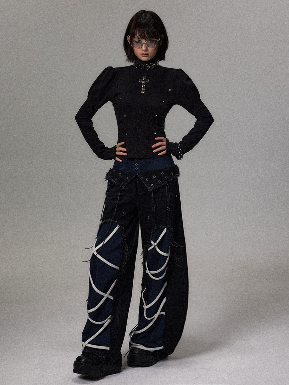 Frustration Garden Punk Dark Cross Studded Puff Sleeve High Neck Slim Fit Knit Women&