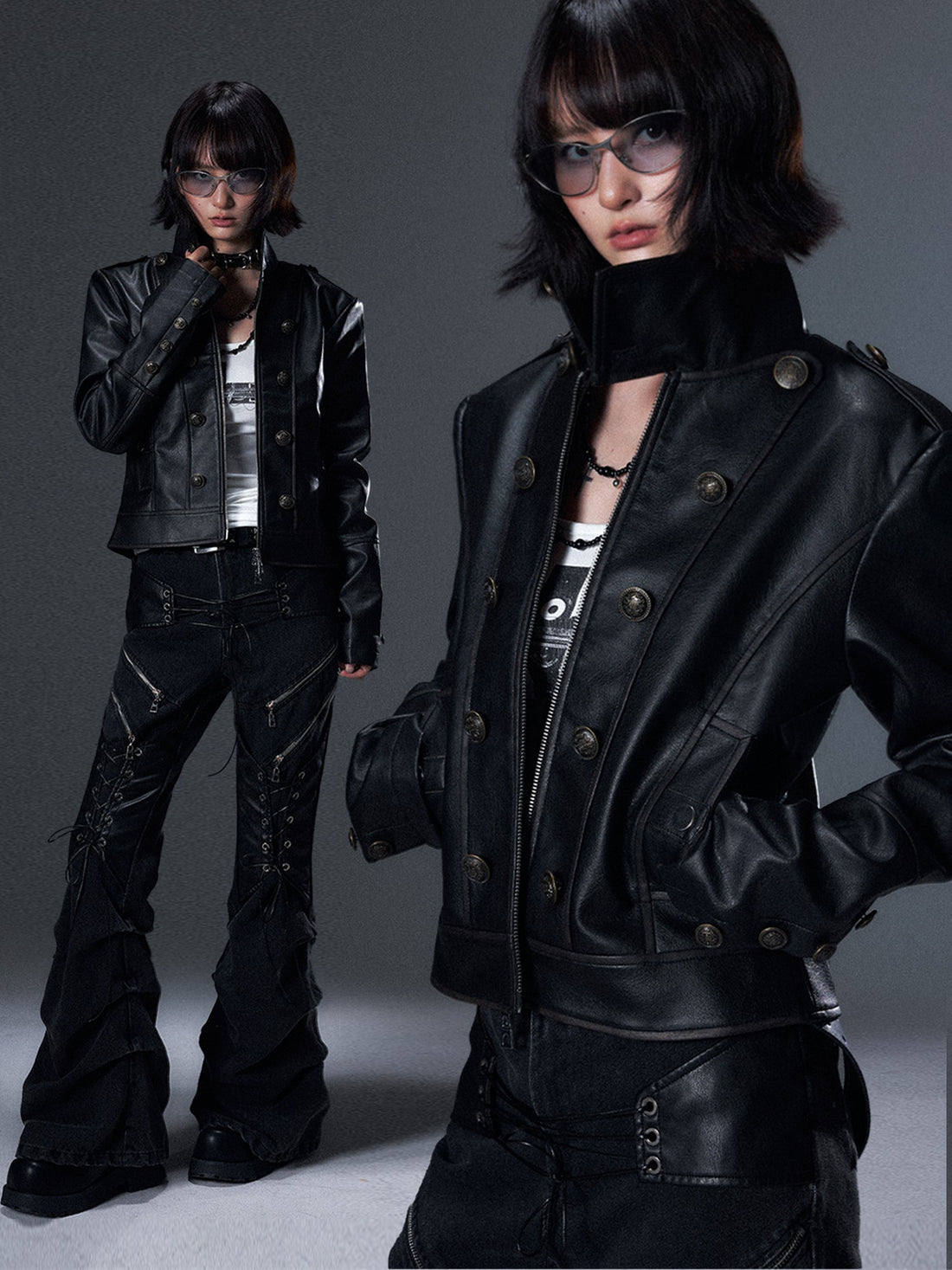 Frustration Garden Punk Distressed Double Row Metal Buttons Stand Collar Women&