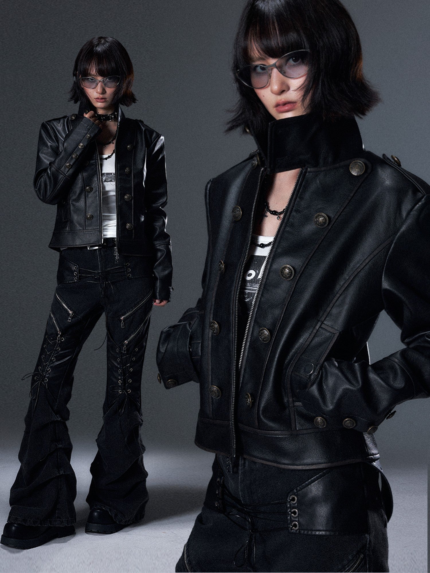 Frustration Garden Punk Distressed Double Row Metal Buttons Stand Collar Women&
