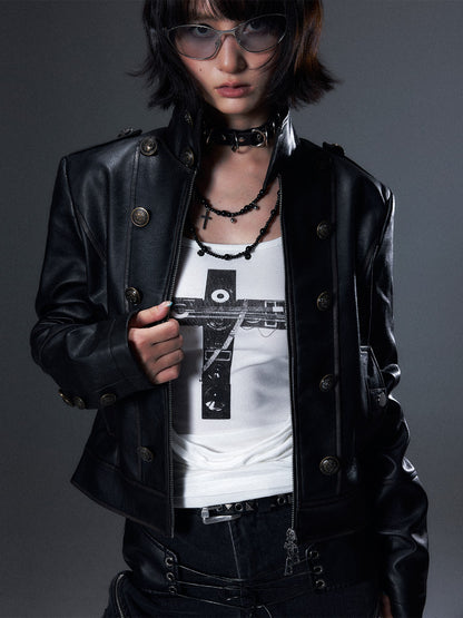 Frustration Garden Punk Distressed Double Row Metal Buttons Stand Collar Women&