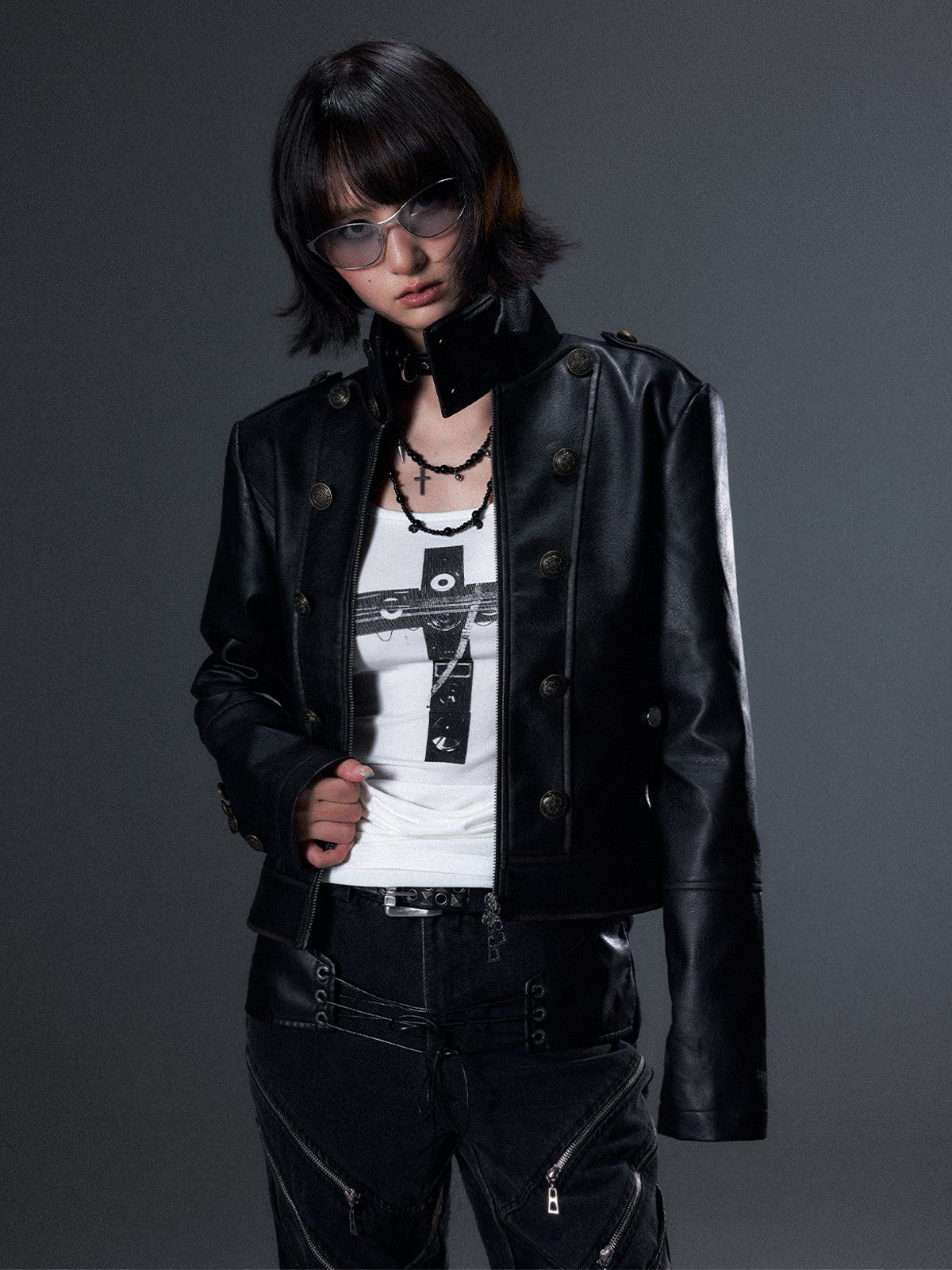 Frustration Garden Punk Distressed Double Row Metal Buttons Stand Collar Women&
