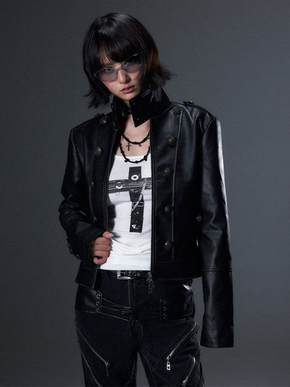 Frustration Garden Punk Distressed Double Row Metal Buttons Stand Collar Women&