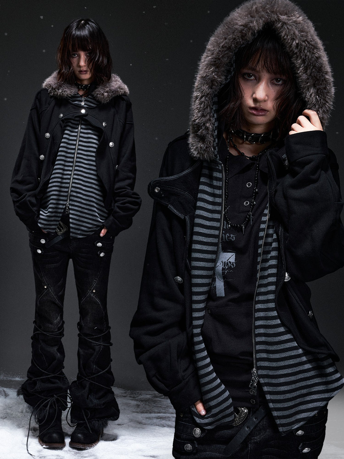 Frustration Garden Punk Faux Layered Fur Trim Striped Color Block Women&