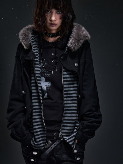 Frustration Garden Punk Faux Layered Fur Trim Striped Color Block Women&