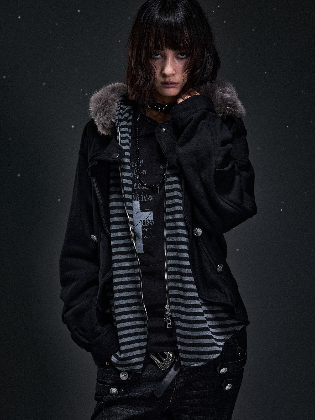 Frustration Garden Punk Faux Layered Fur Trim Striped Color Block Women&