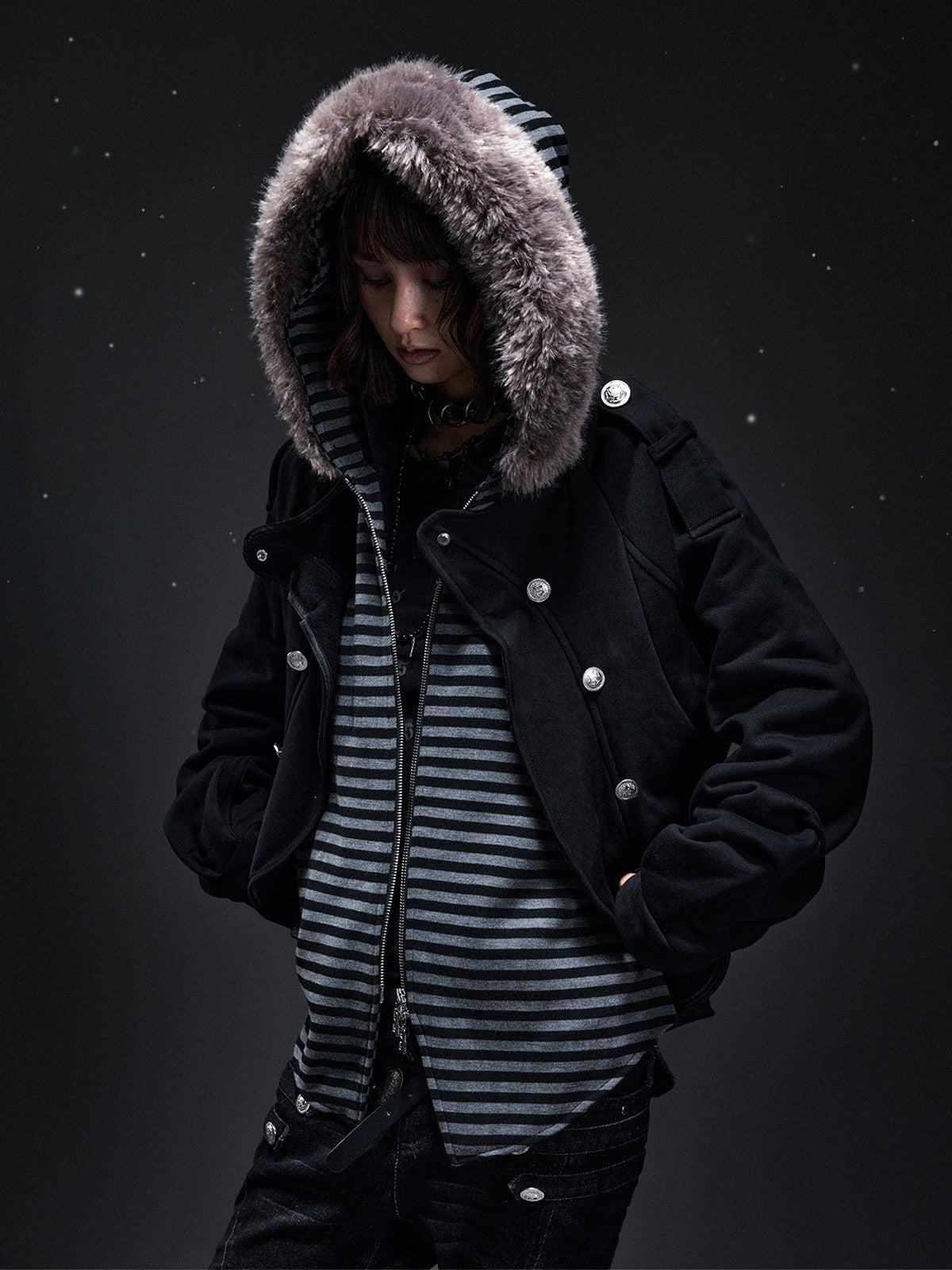 Frustration Garden Punk Faux Layered Fur Trim Striped Color Block Women&