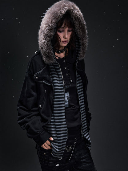 Frustration Garden Punk Faux Layered Fur Trim Striped Color Block Women&