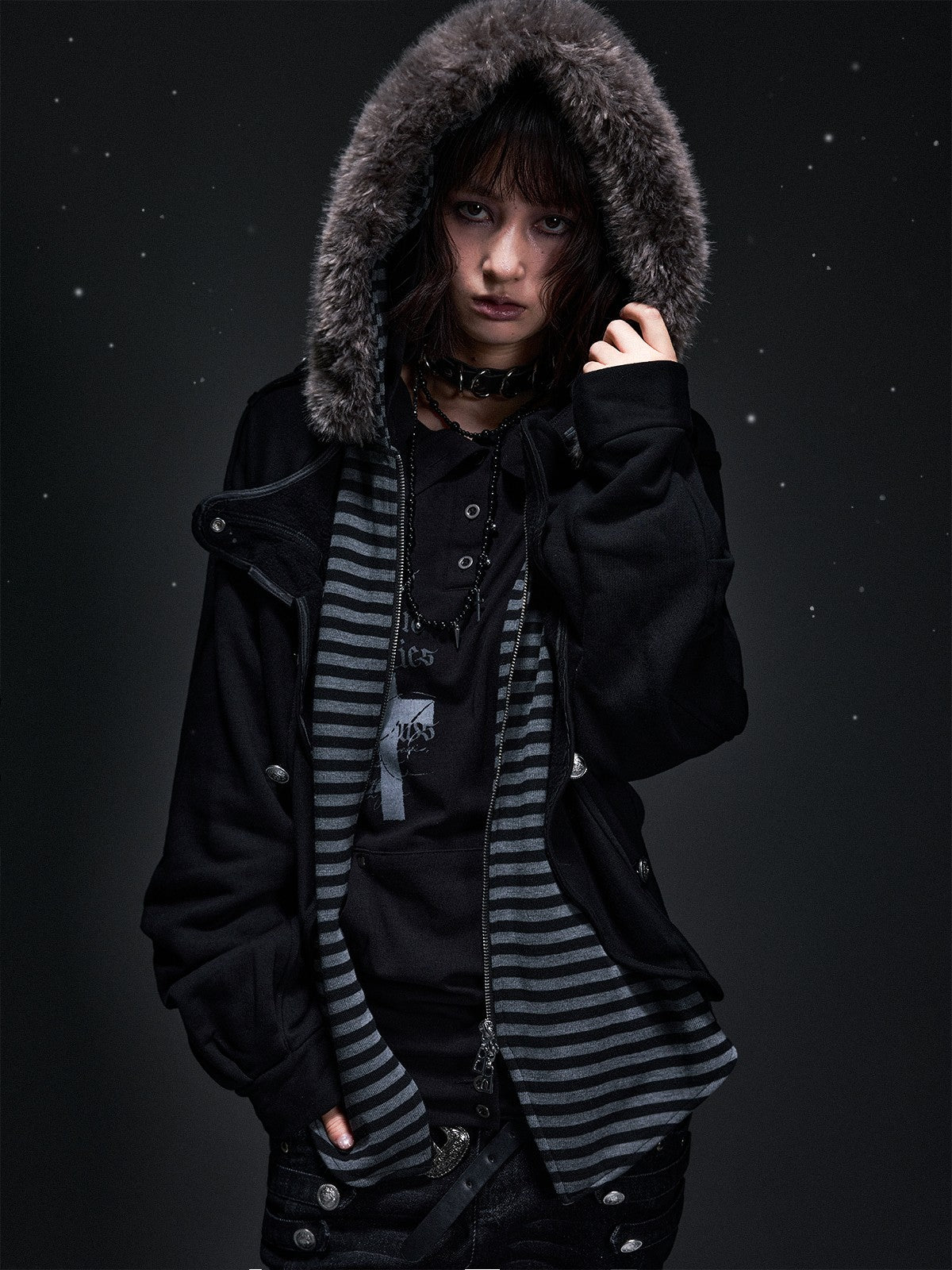 Frustration Garden Punk Faux Layered Fur Trim Striped Color Block Women&