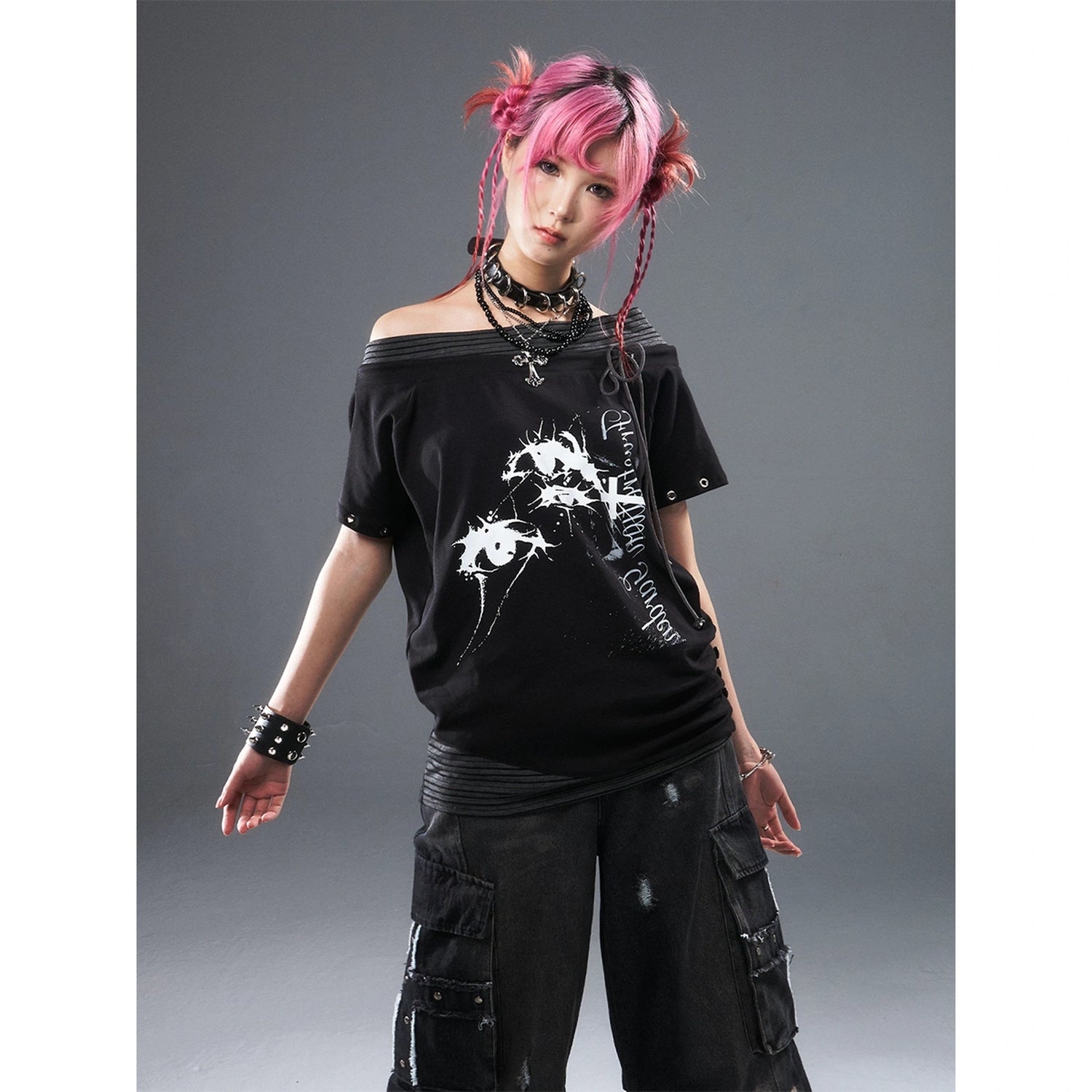 Frustration_Garden_Punk_Floral_Print_One_Shoulder_Drawstring_T-shirt_MISSTT