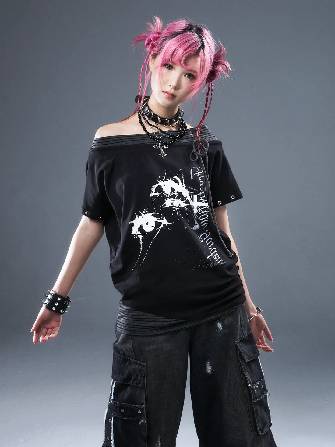 Frustration Garden Punk Floral Print One Shoulder Drawstring T-shirt