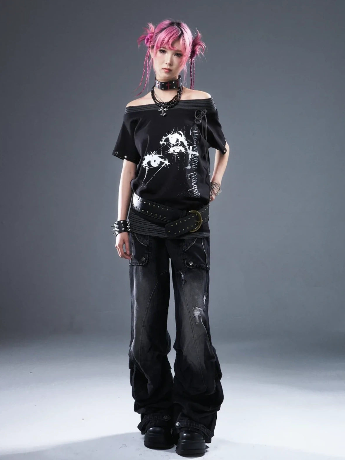 Frustration Garden Punk Floral Print One Shoulder Drawstring T-shirt