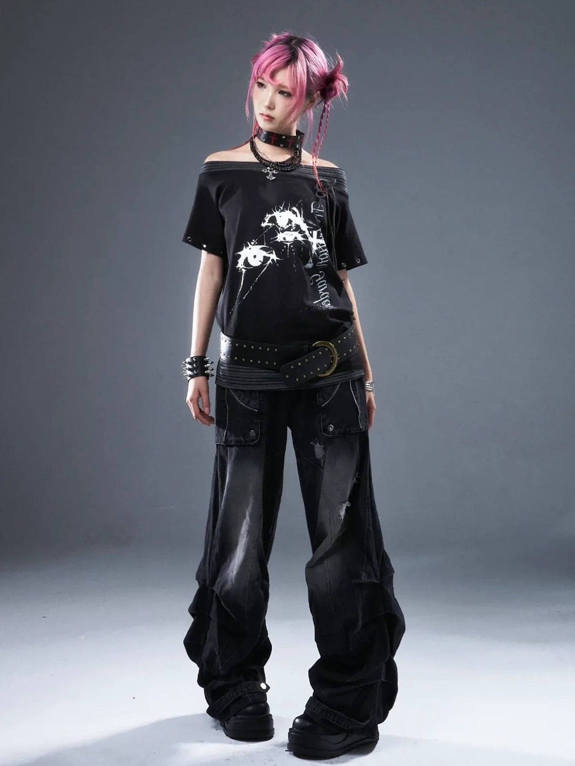 Frustration Garden Punk Floral Print One Shoulder Drawstring T-shirt