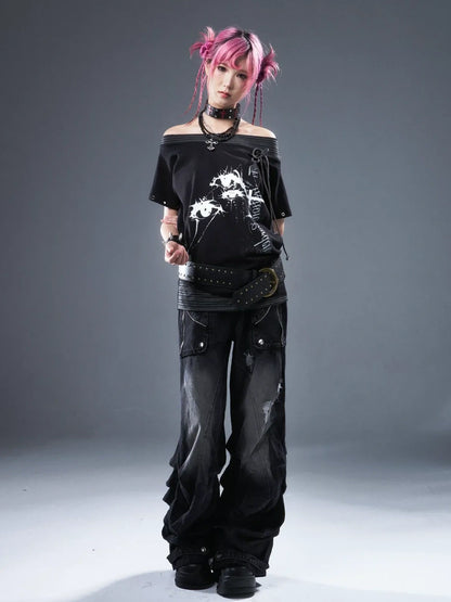 Frustration Garden Punk Floral Print One Shoulder Drawstring T-shirt