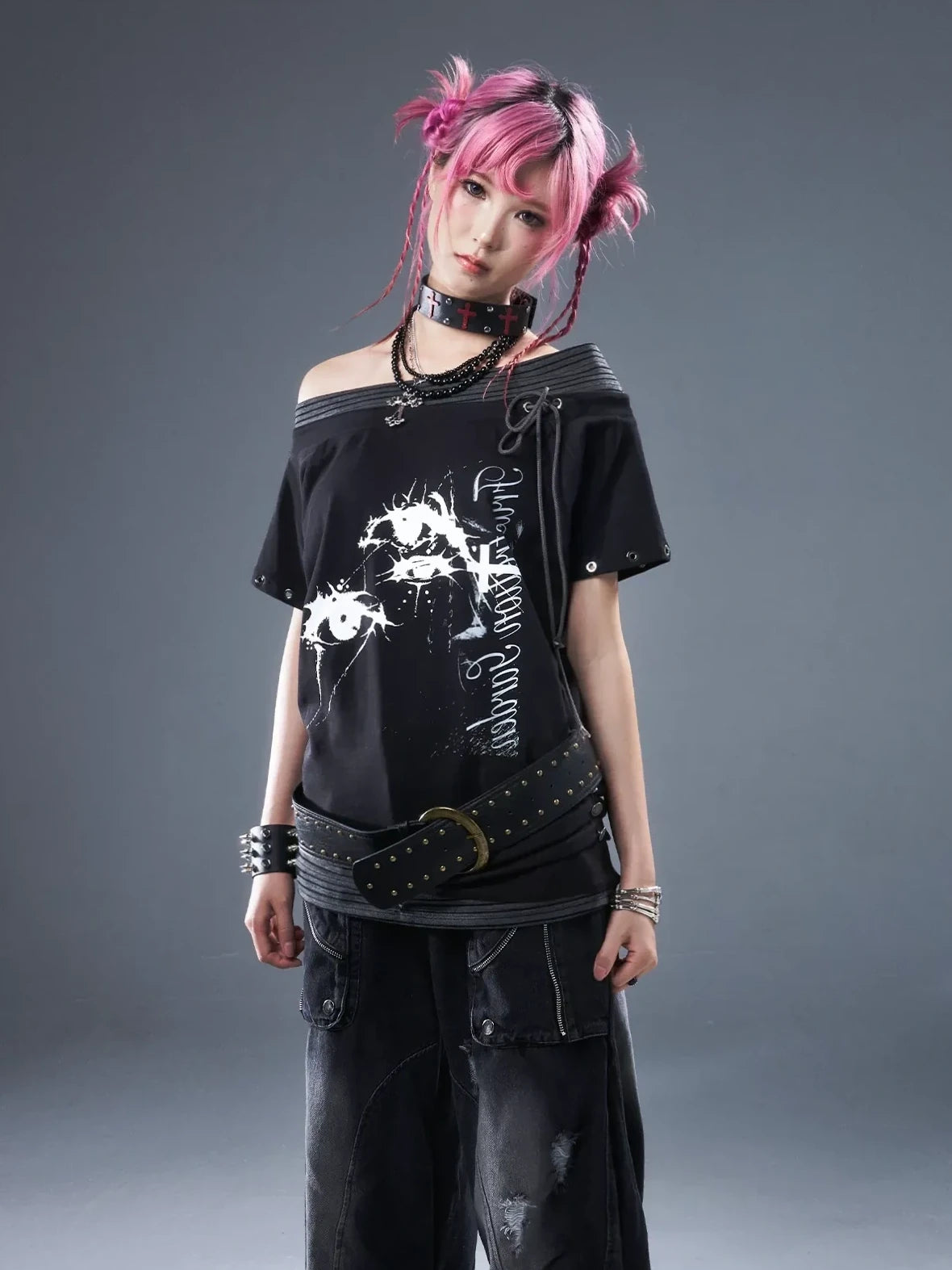 Frustration Garden Punk Floral Print One Shoulder Drawstring T-shirt