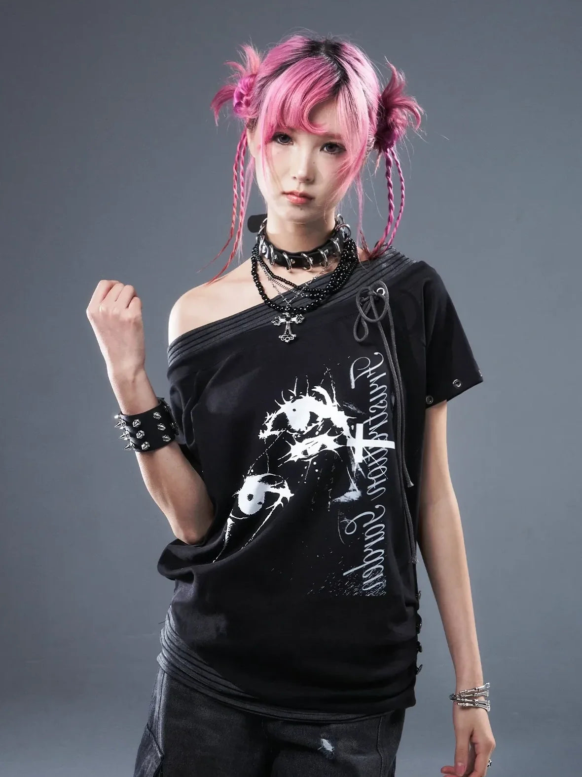 Frustration Garden Punk Floral Print One Shoulder Drawstring T-shirt