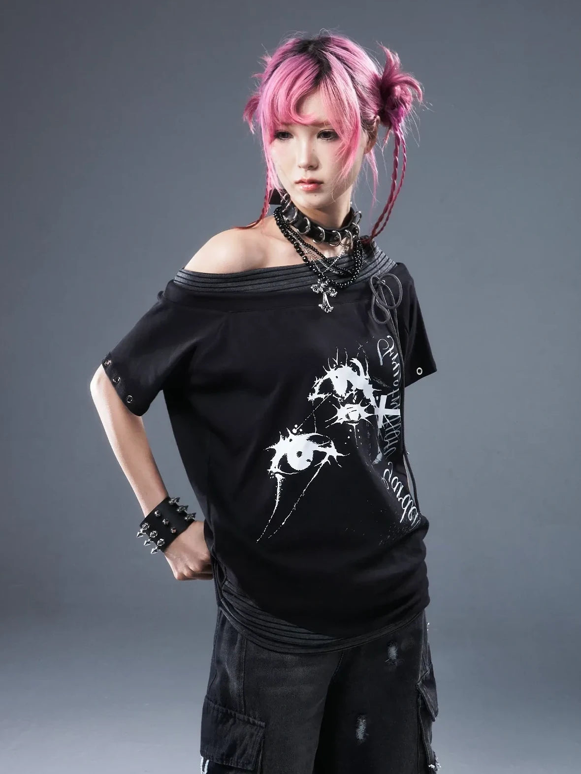 Frustration Garden Punk Floral Print One Shoulder Drawstring T-shirt