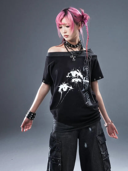 Frustration Garden Punk Floral Print One Shoulder Drawstring T-shirt