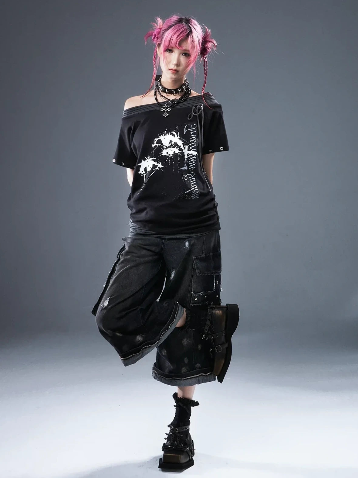 Frustration Garden Punk Floral Print One Shoulder Drawstring T-shirt