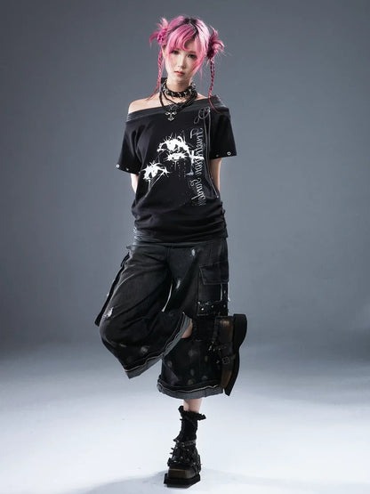 Frustration Garden Punk Floral Print One Shoulder Drawstring T-shirt