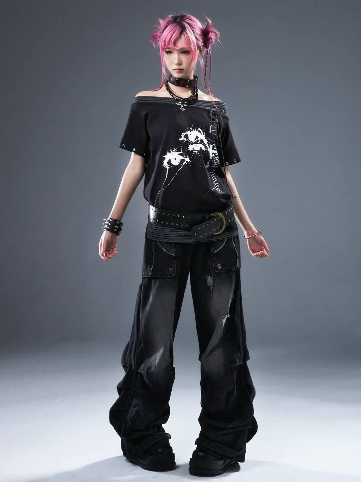 Frustration Garden Punk Floral Print One Shoulder Drawstring T-shirt