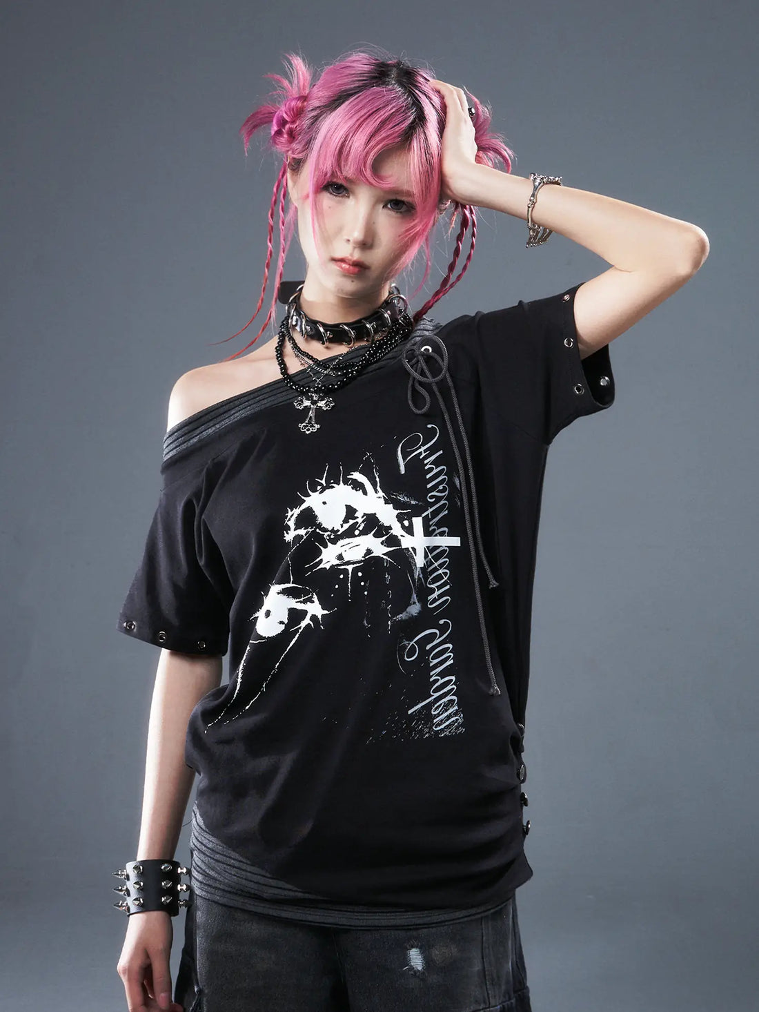 Frustration Garden Punk Floral Print One Shoulder Drawstring T-shirt