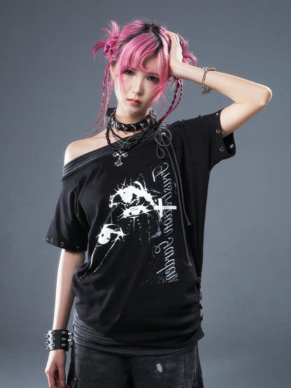 Frustration Garden Punk Floral Print One Shoulder Drawstring T-shirt