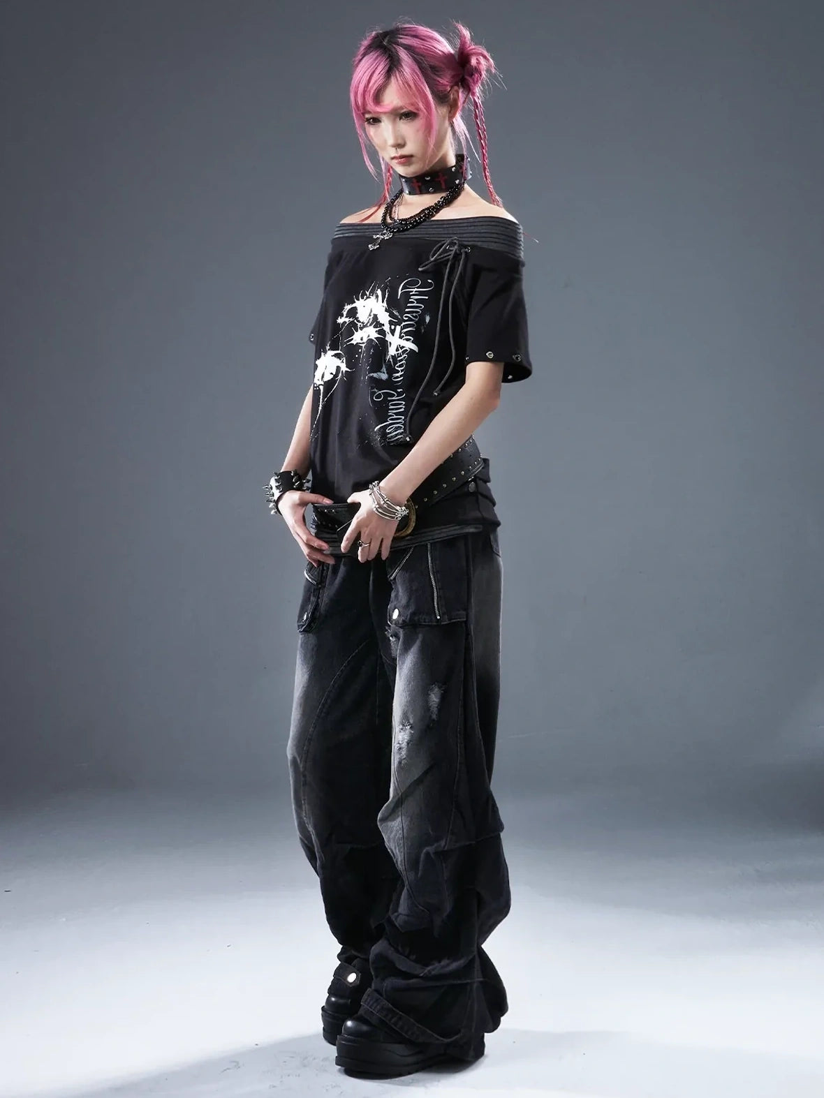 Frustration Garden Punk Floral Print One Shoulder Drawstring T-shirt