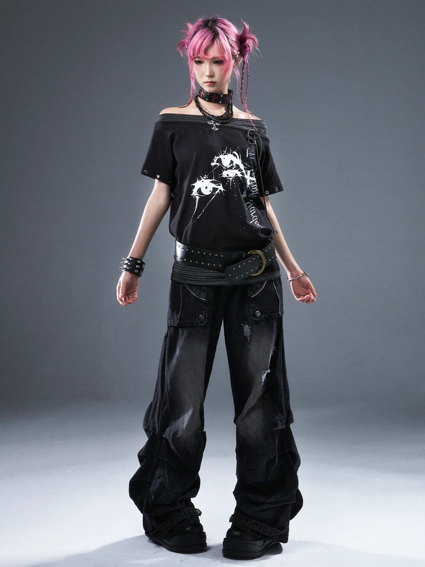 Frustration Garden Punk Floral Print One Shoulder Drawstring T-shirt