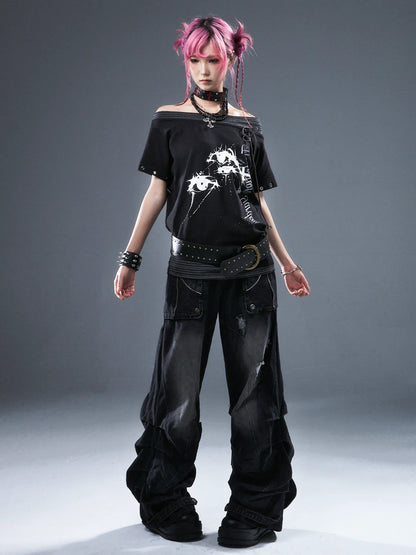 Frustration Garden Punk Floral Print One Shoulder Drawstring T-shirt