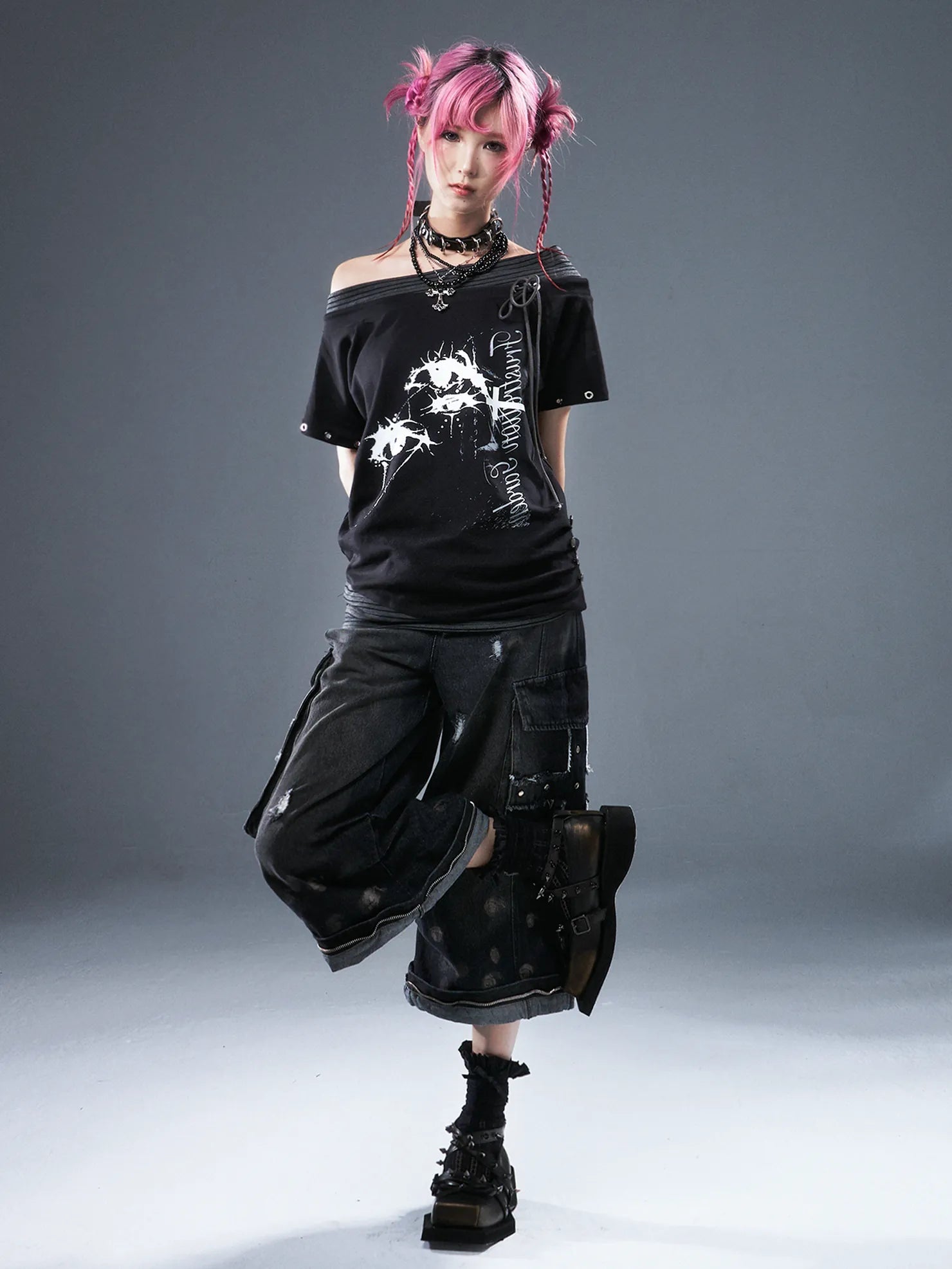 Frustration Garden Punk Floral Print One Shoulder Drawstring T-shirt