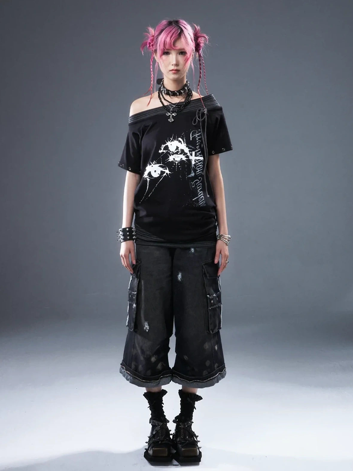 Frustration Garden Punk Floral Print One Shoulder Drawstring T-shirt