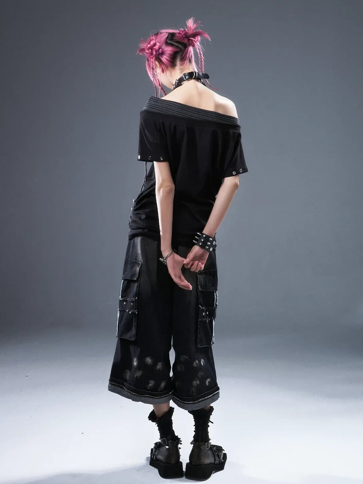 Frustration Garden Punk Floral Print One Shoulder Drawstring T-shirt