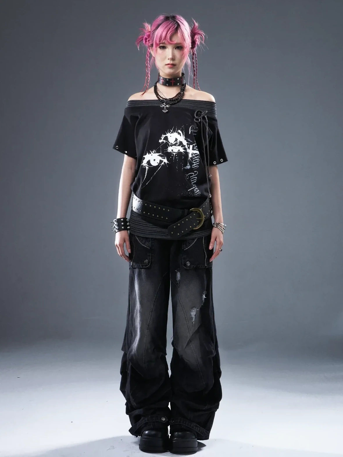 Frustration Garden Punk Floral Print One Shoulder Drawstring T-shirt