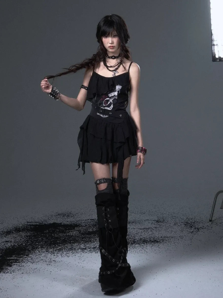 Frustration Garden Punk Floral Print Satin Chiffon Slip V-neck Dress