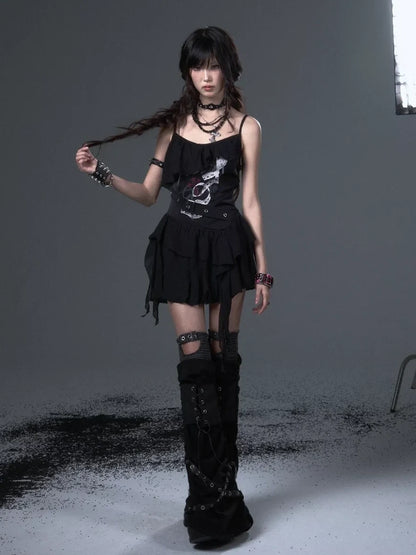 Frustration Garden Punk Floral Print Satin Chiffon Slip V-neck Dress