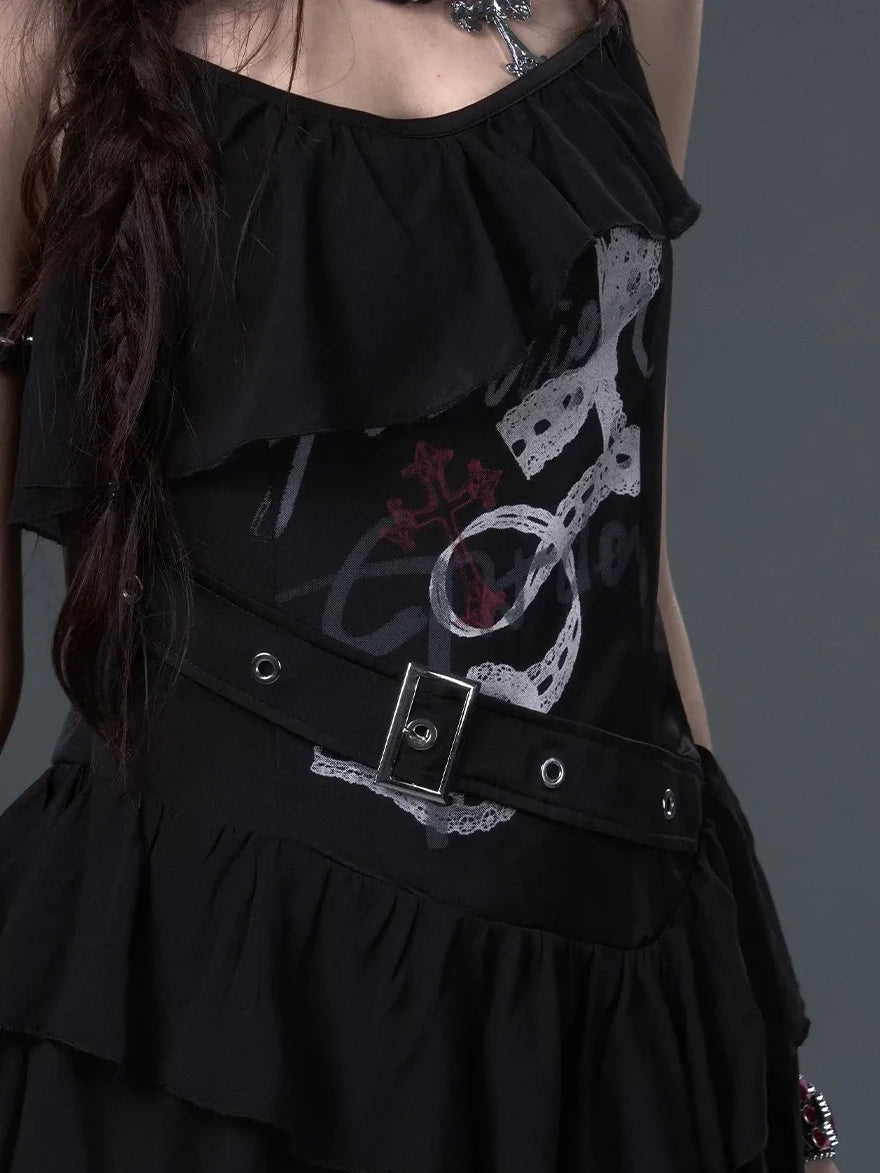 Frustration Garden Punk Floral Print Satin Chiffon Slip V-neck Dress