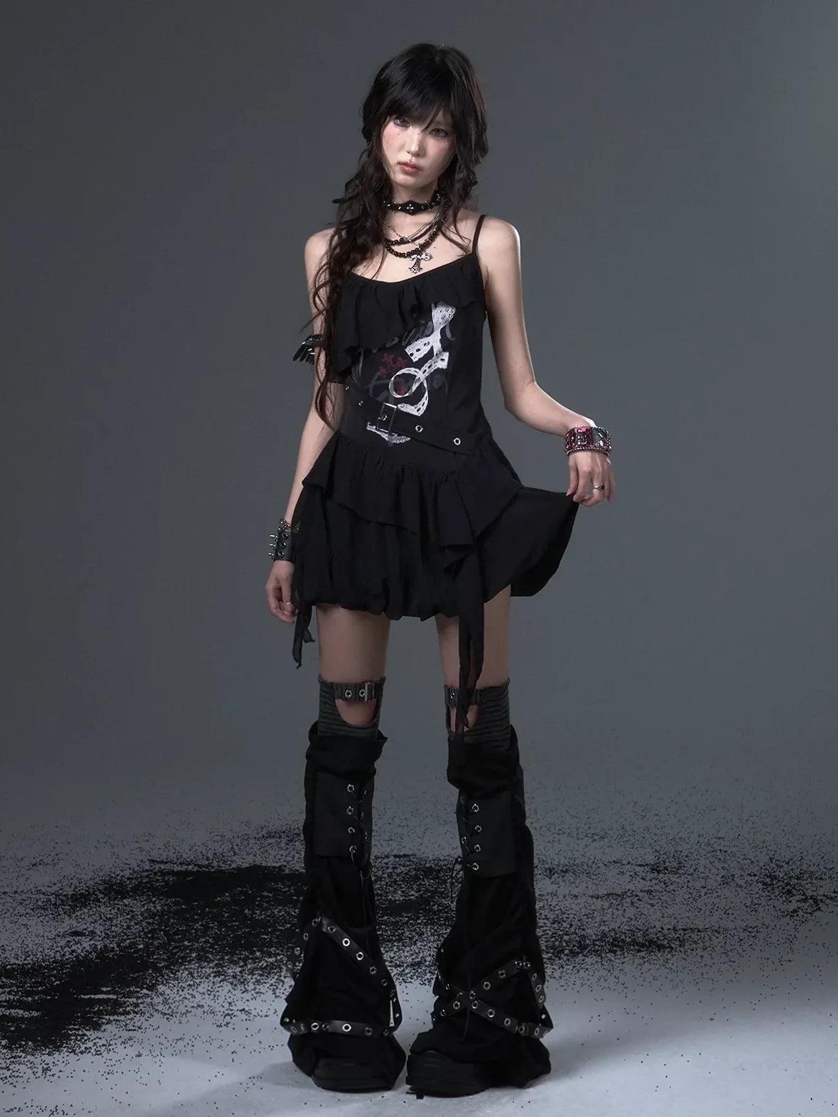 Frustration Garden Punk Floral Print Satin Chiffon Slip V-neck Dress